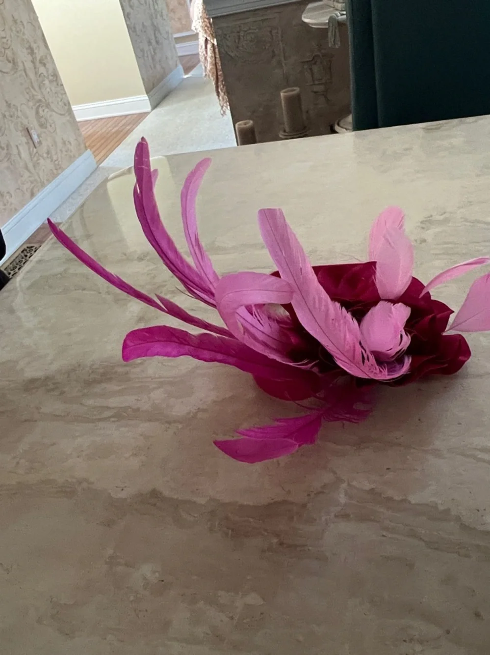 Derby Fuchsia Satin Rose and Feather Fascinator Hair Accessory or Band for Hat. - Picture 4 of 5